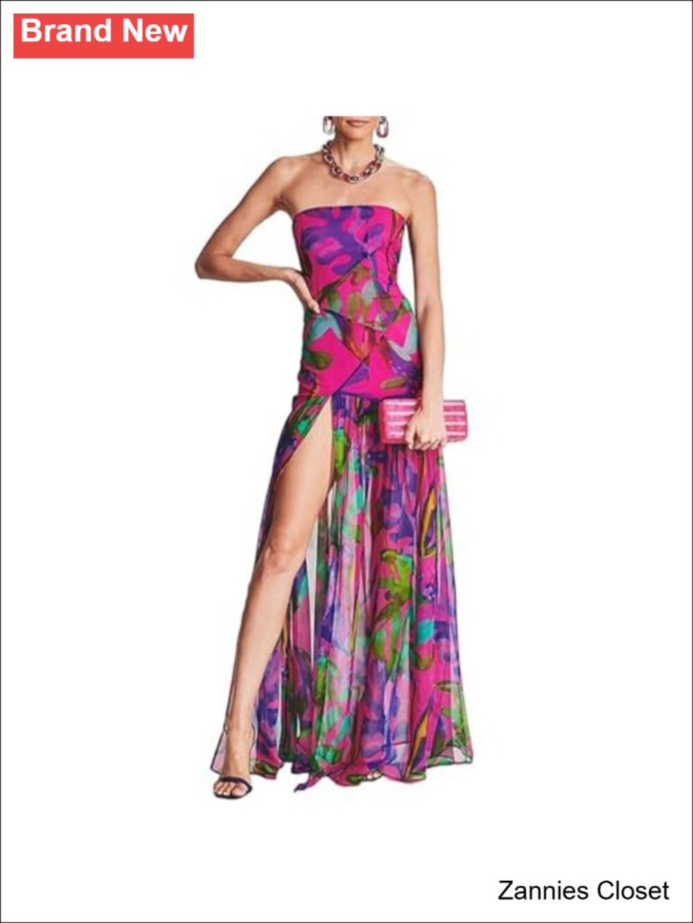 ✨Sexy Strapless Tiger Stripe Mesh Maxi Dress High Slit Club Night Out